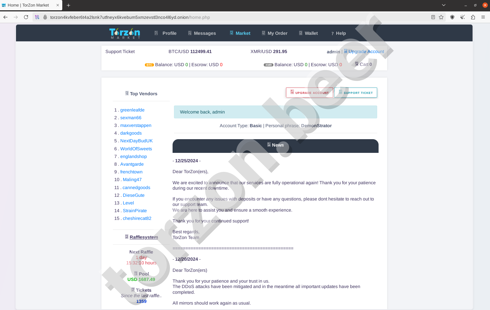 Torzon Market Homepage Dashboard